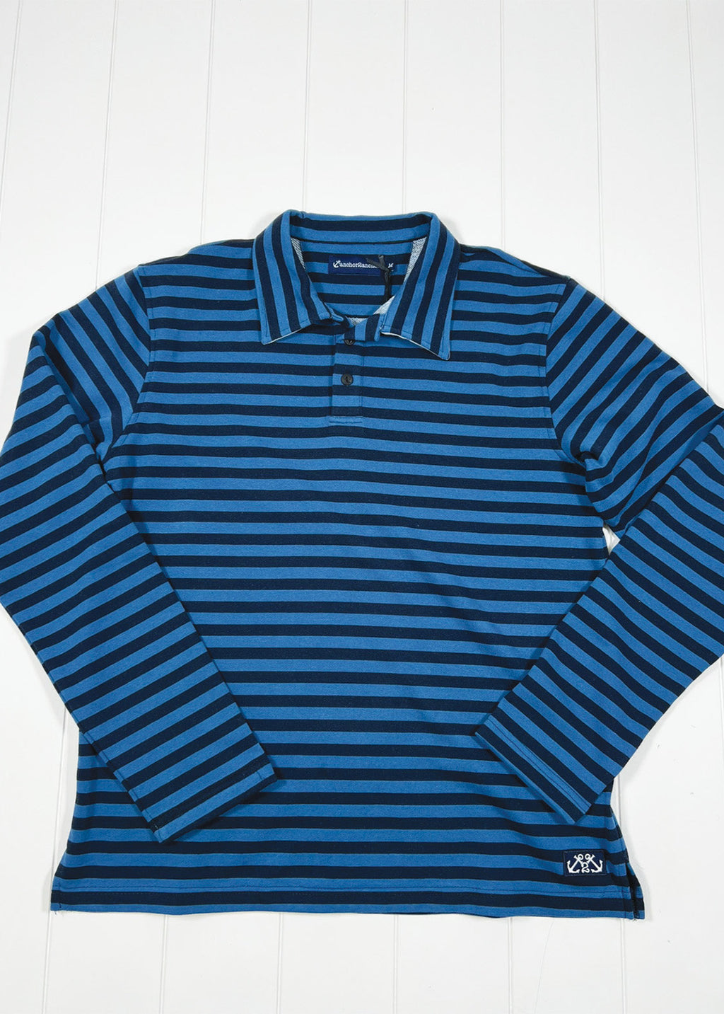 Blue and black striped long-sleeve polo shirt on a white background
