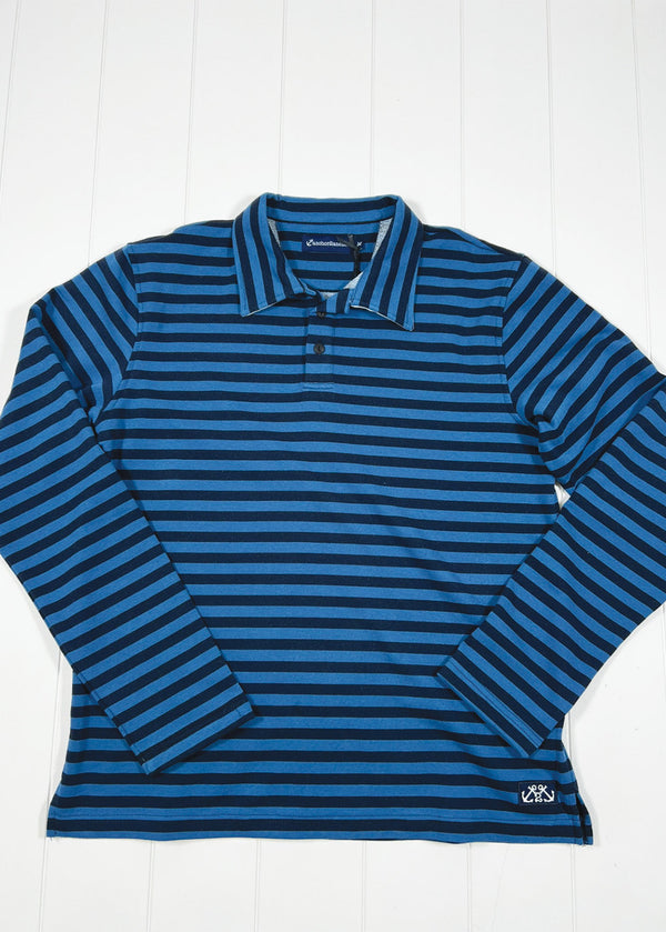 Blue and black striped long-sleeve polo shirt on a white background