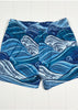 Blue wave-patterned shorts on a white background